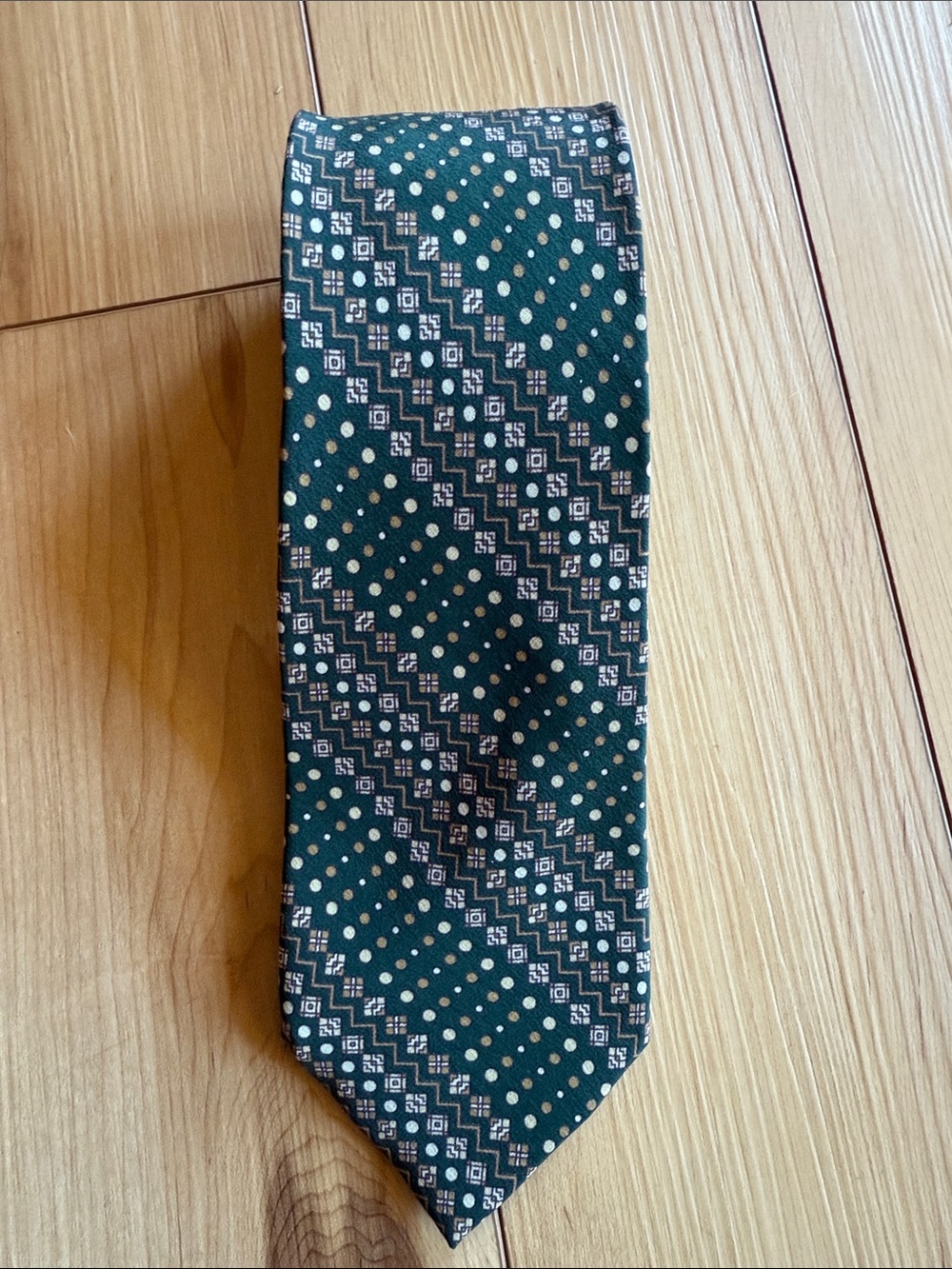 Celine Dark Green Geometric & Cream Vtg Dot Silk Tie